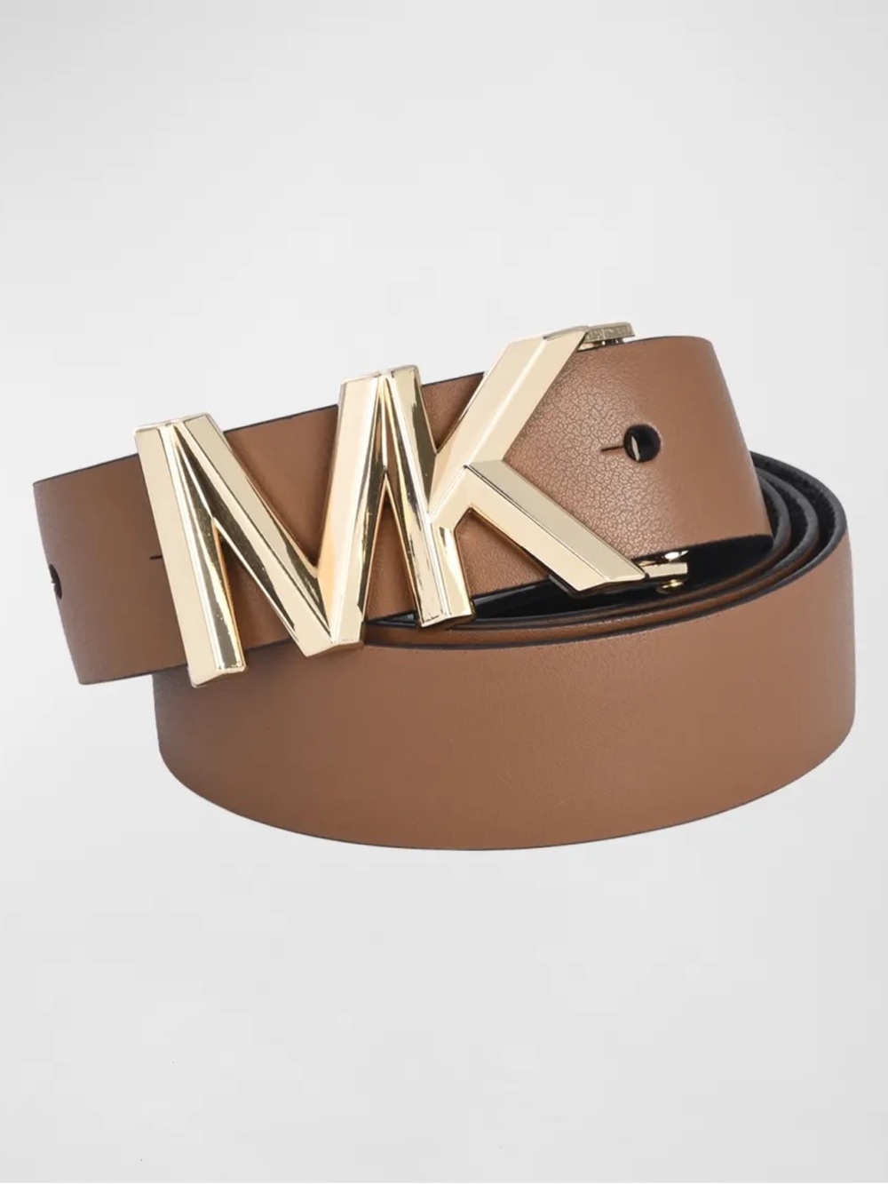 Michael Kors Belt Size M Cognac Tan Brown Genuine Leather Gold MK Logo Buckle